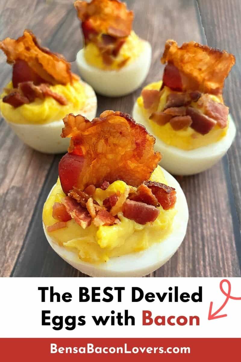 Four bacon deviled eggs ready to serve.