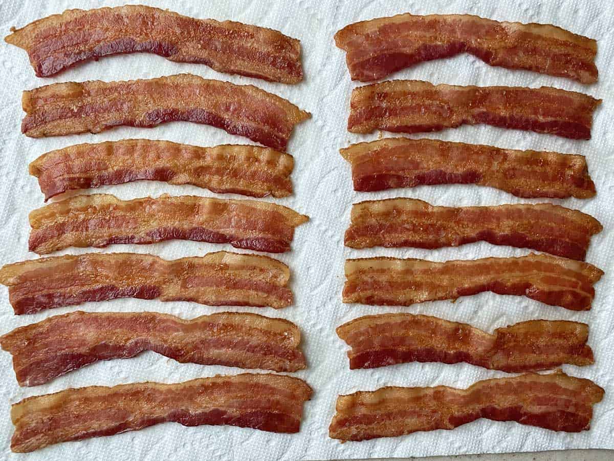 14 slices of cooked bacon spread on paper towels to drain and cool. 