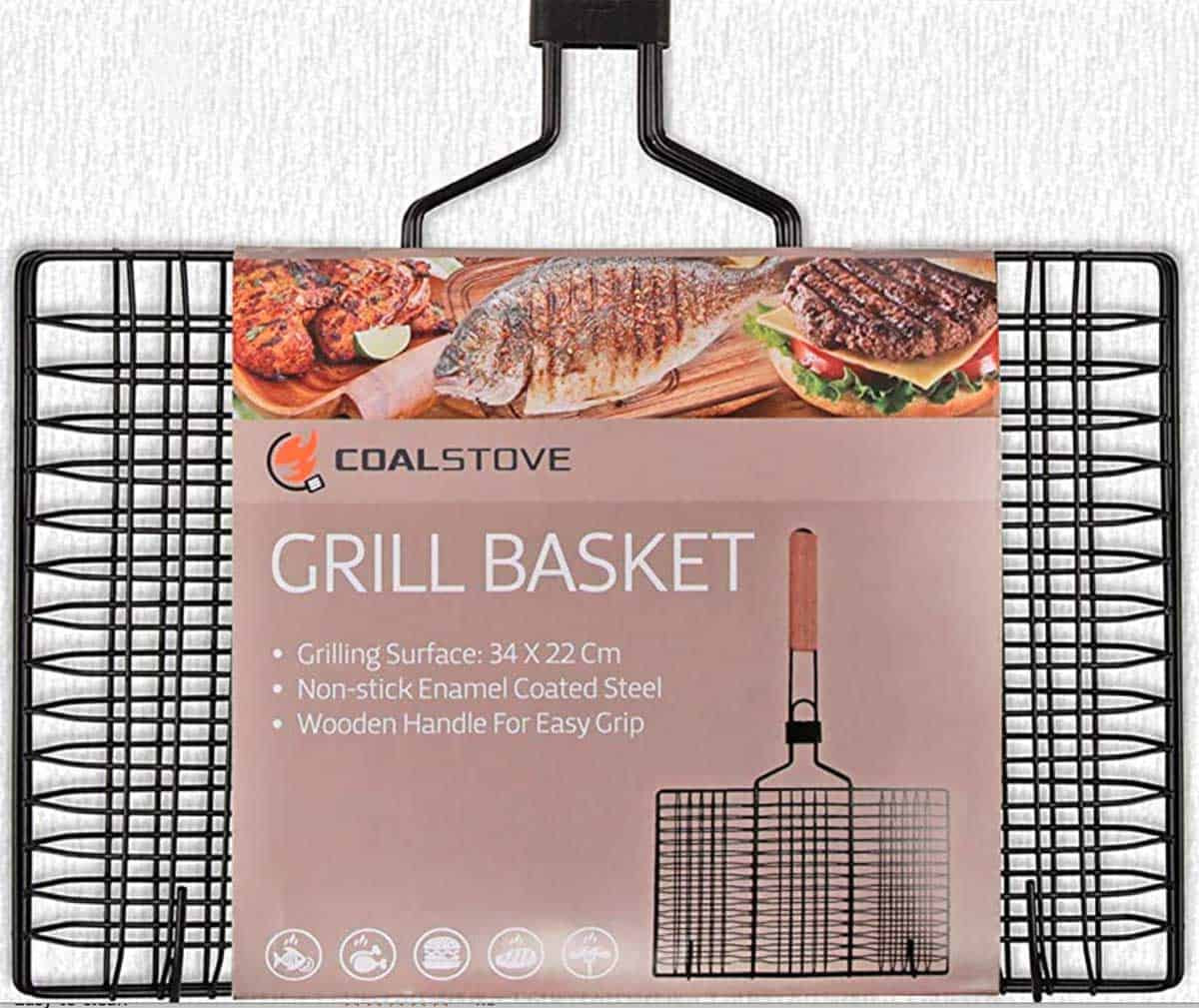 A 14 by 19-inch black wire grilling basket with a wooden handle.