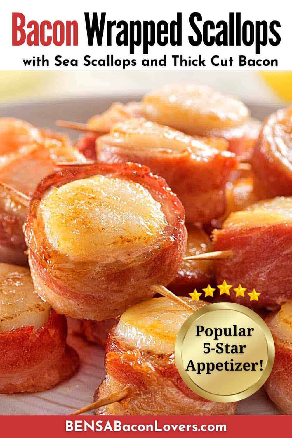 bacon wrapped scallops on a white serving dish with lemon.