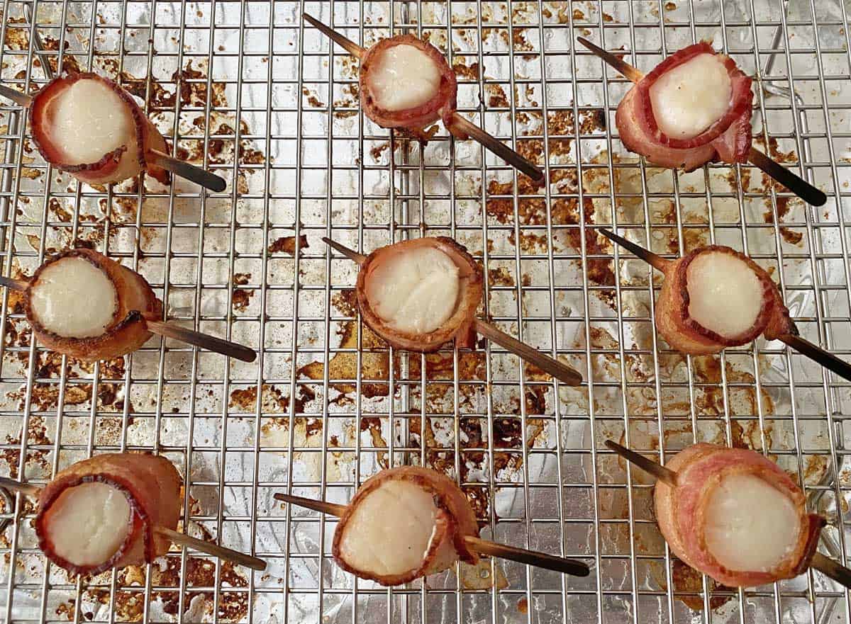 Cooked bacon wrapped scallops on a broiler pan