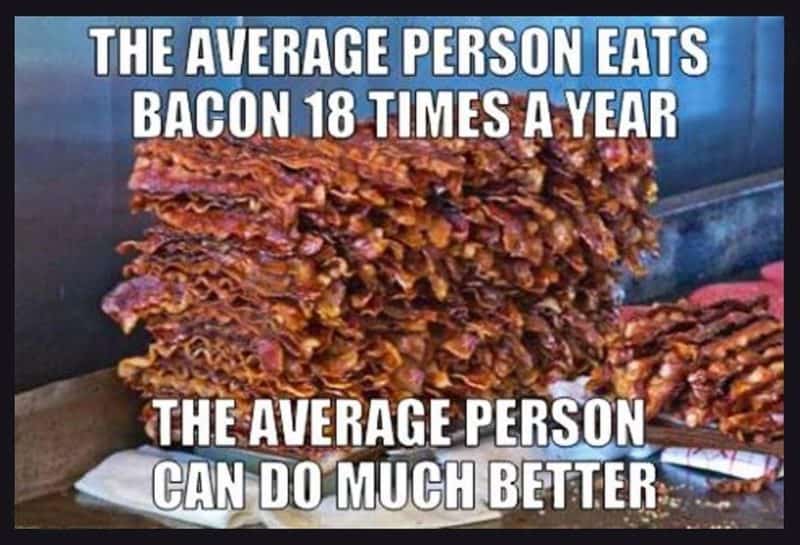 A large pile of bacon and text: "The average person eats bacon 18 times a year. The average person can do much better." 
