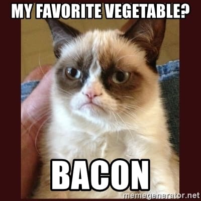 Grumpy cat with text: My favorite vegetable? BACON