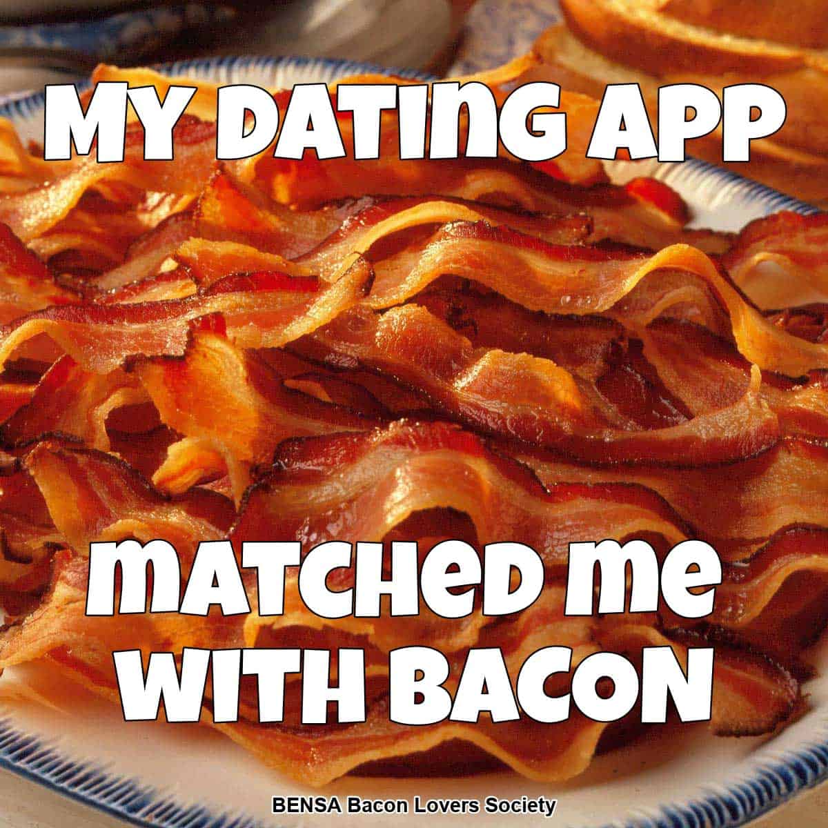 A plate of bacon and text: My Dating App Matched Me With Bacon