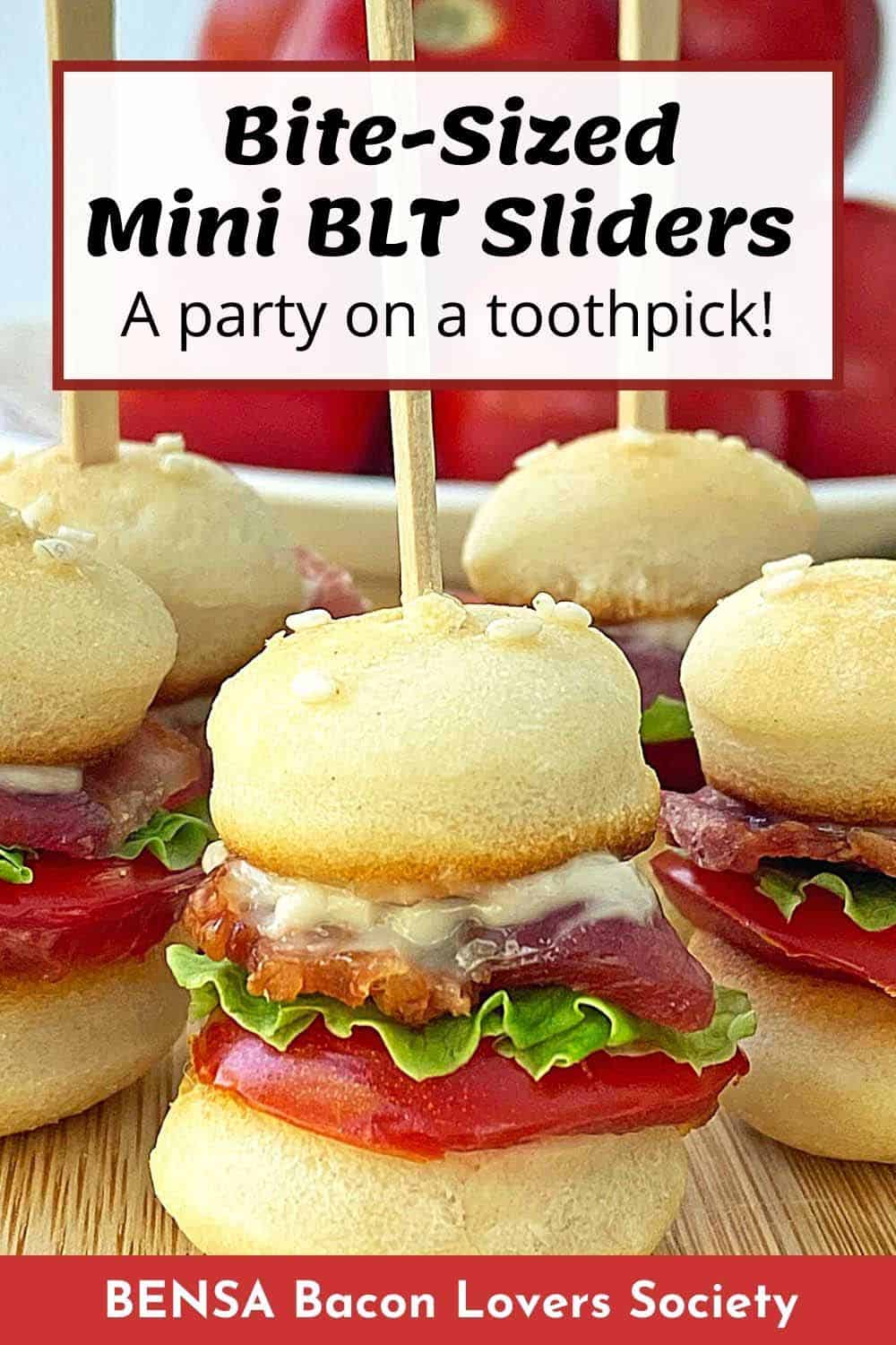 A Pinterest pin with a close up of Mini BLT sliders and text: A party on a toothpick! 