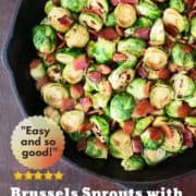 skillet with Brussels sprouts with bacon and balsamic against a wood table with recipe title