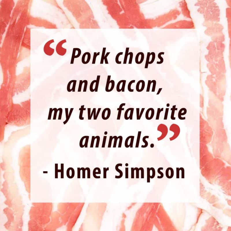 The quote: "Pork chops and bacon, my two favorite animals." - Homer Simpson, on a bacon strip background