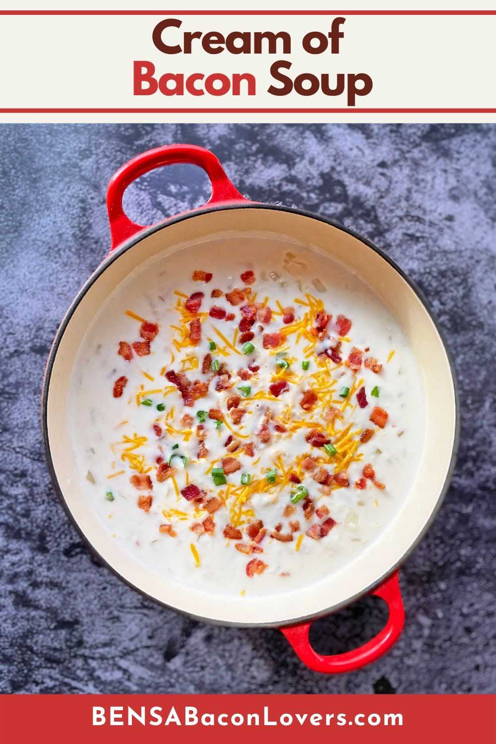 A pot of Cream of Bacon Soup on a mottled concrete background