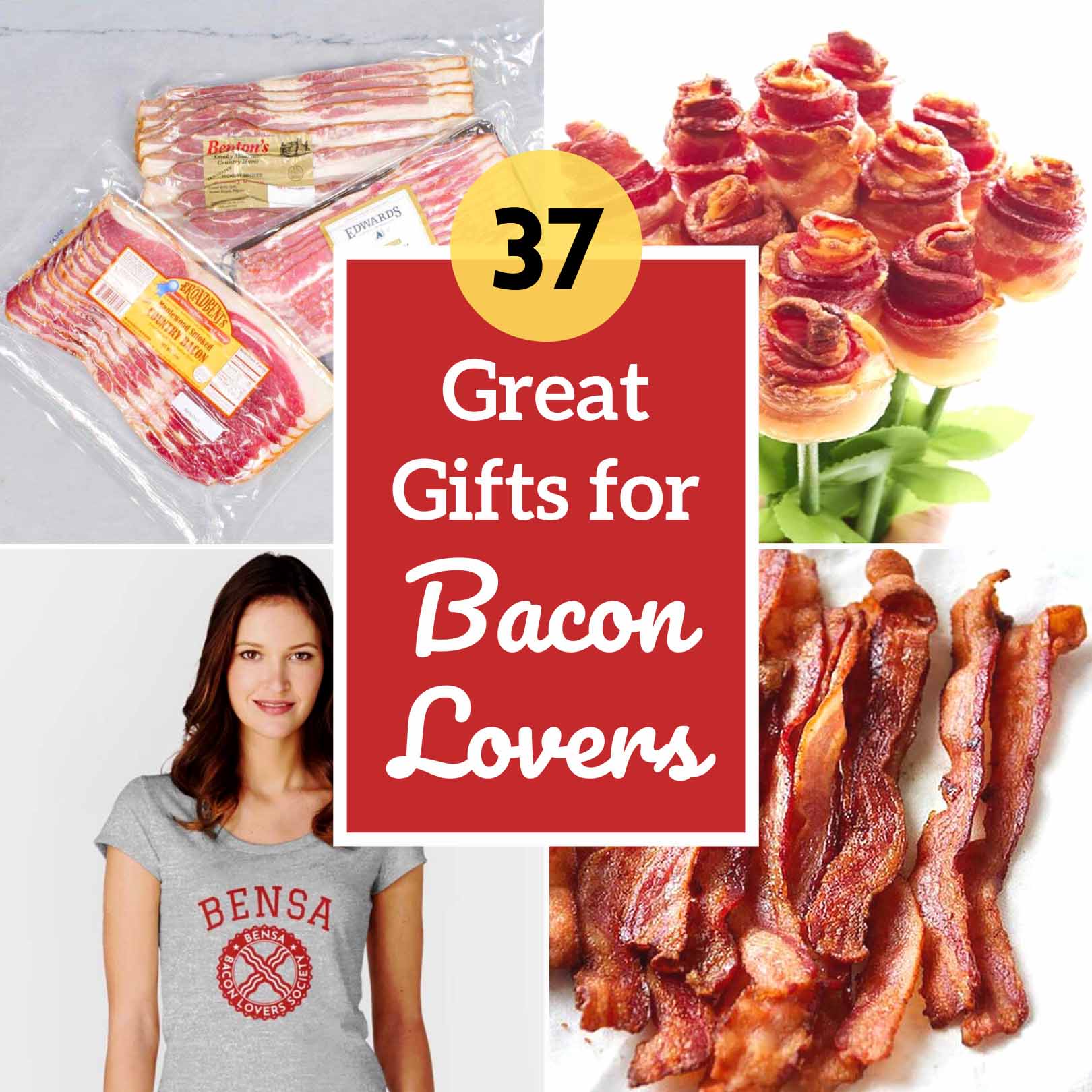 A package of gourmet bacon, bacon roses, apple pie flavored bacon, and a woman in a bacon shirt.