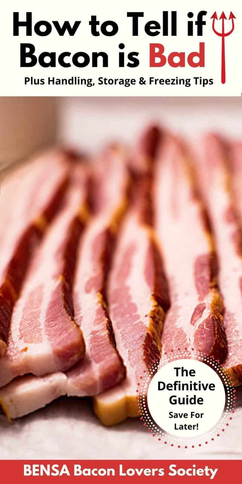 Six slices of raw thick cut bacon.