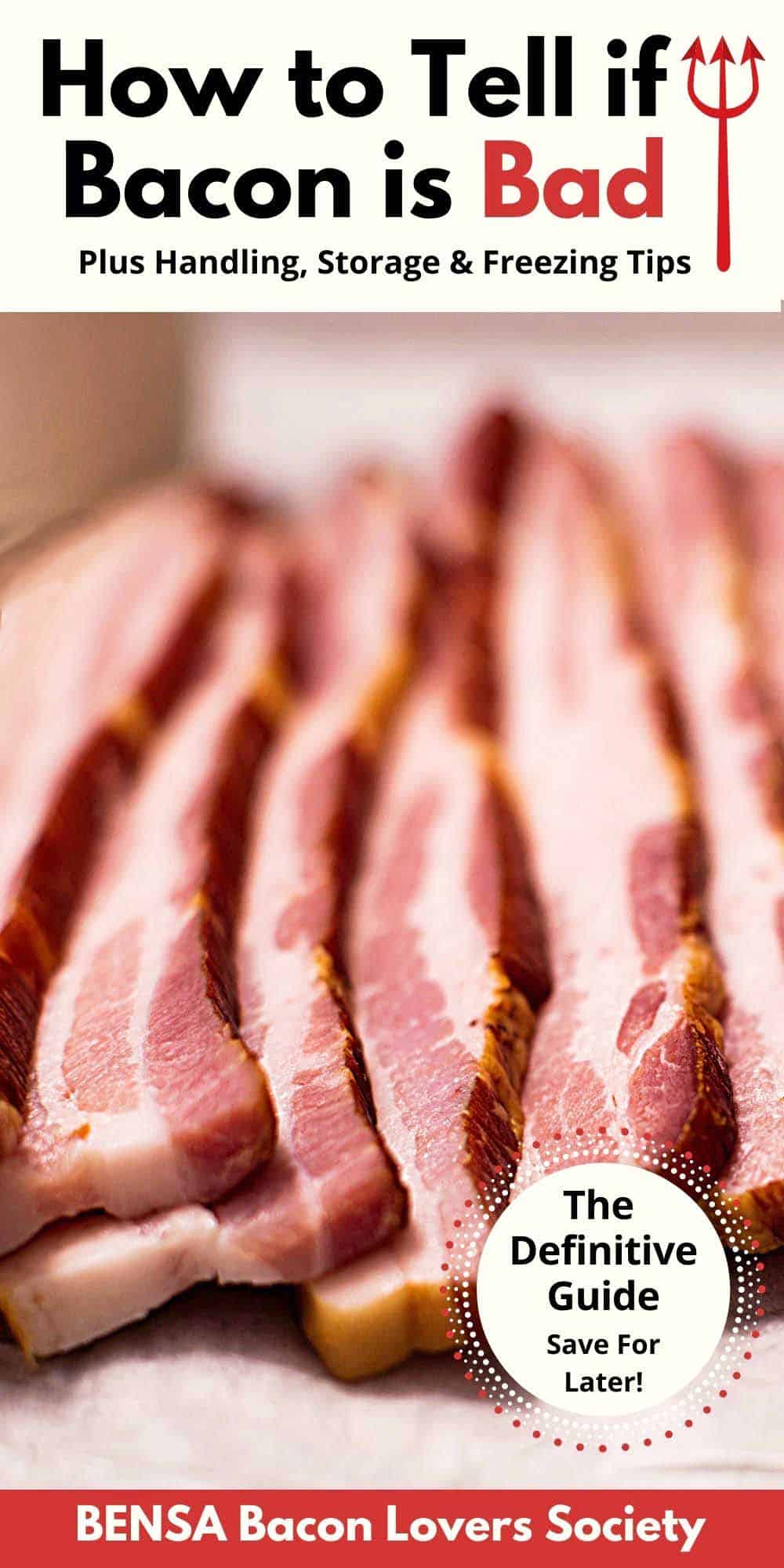 Close up of six strips of thick sliced bacon. Text includes post title and: The Definitive Guide - Save for Later.