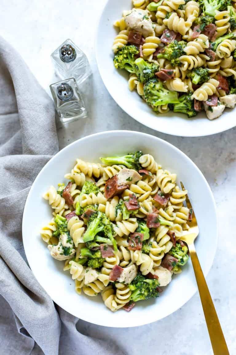 instant pot chicken bacon ranch pasta in two white bowls.