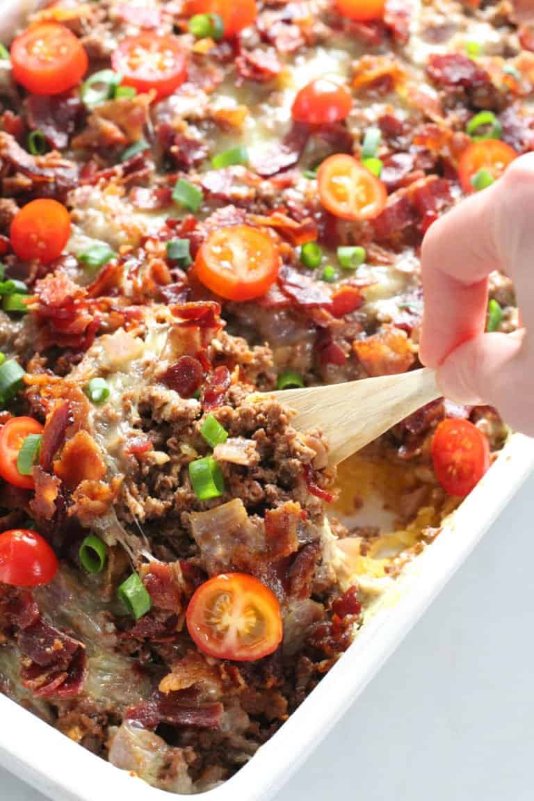 Bacon Cheeseburger Casserole in a white serving dish.