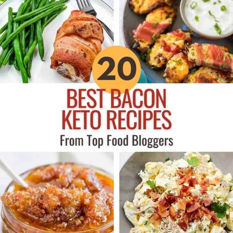 A collage with four different keto bacon dishes.