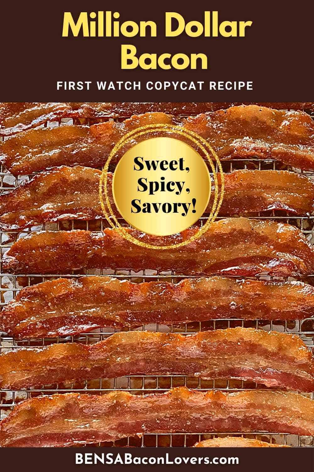 Ten strips of glazed, cooked million dollar bacon for a Pinterest pin.