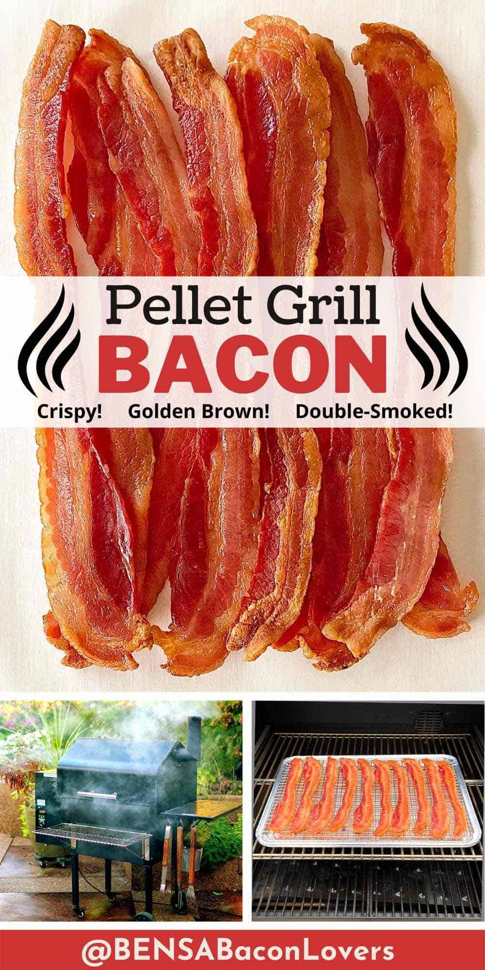 Bacon cooked on a pellet grill, a pellet smoker outside, and a tray of cooked bacon inside a pellet grill.