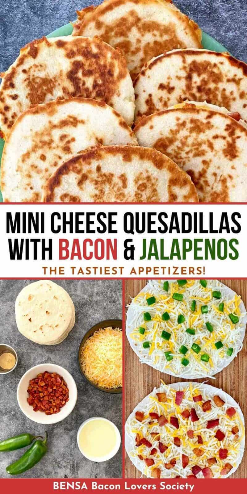 Finished mini quesadillas with cheese, bacon and jalapeno peppers and ingredients.