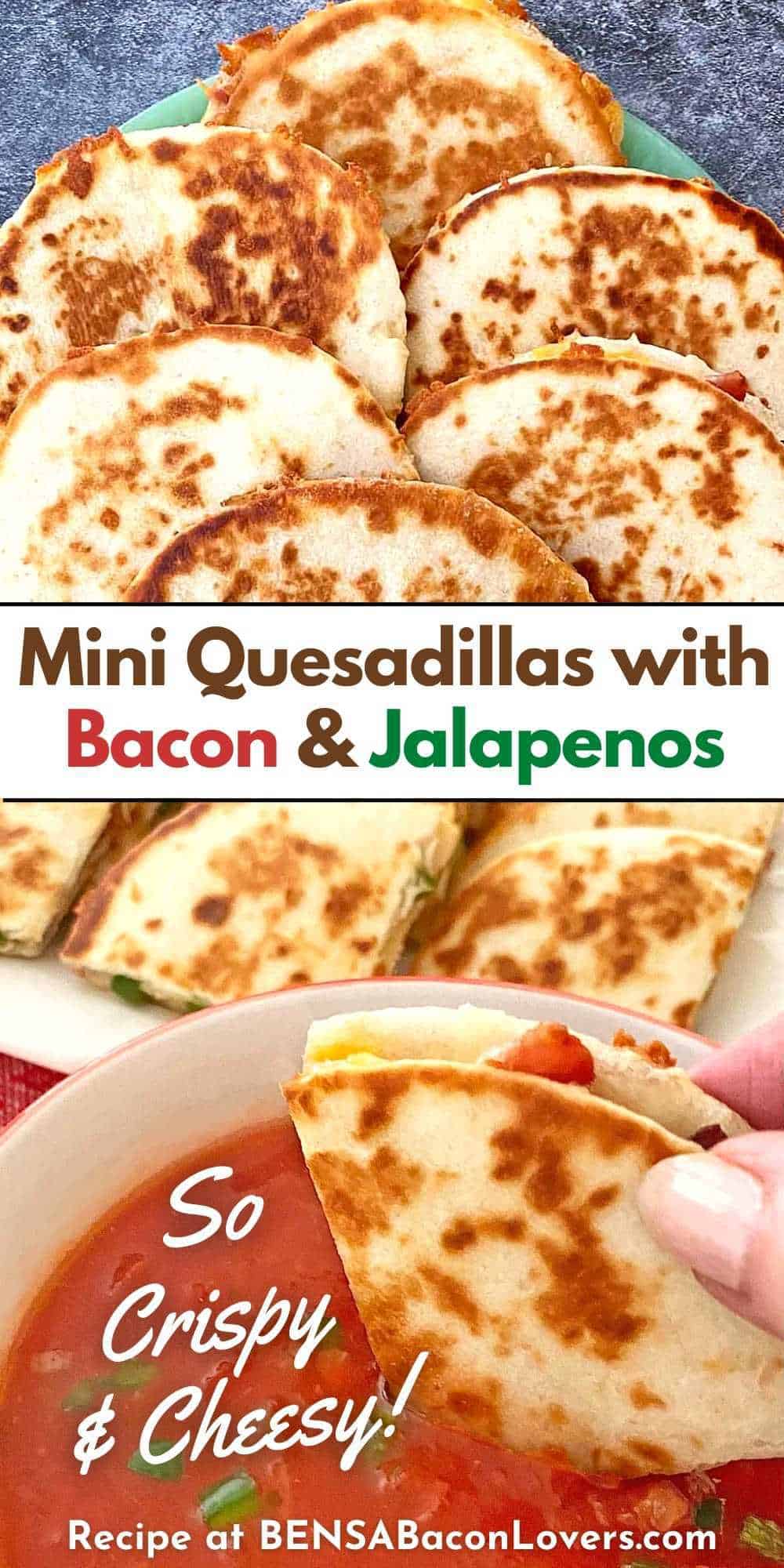 Six mini quesadillas on a serving plate, and a hand dipping a quartered quesadilla in salsa.