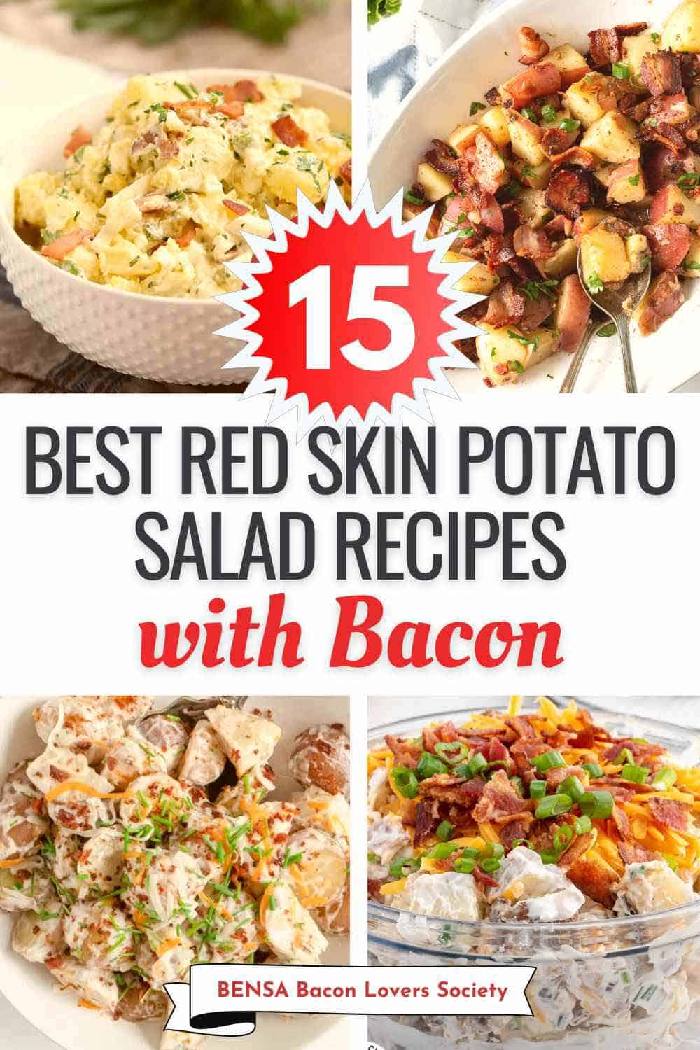 A collage with 4 different potato salads made with new potatoes and bacon.