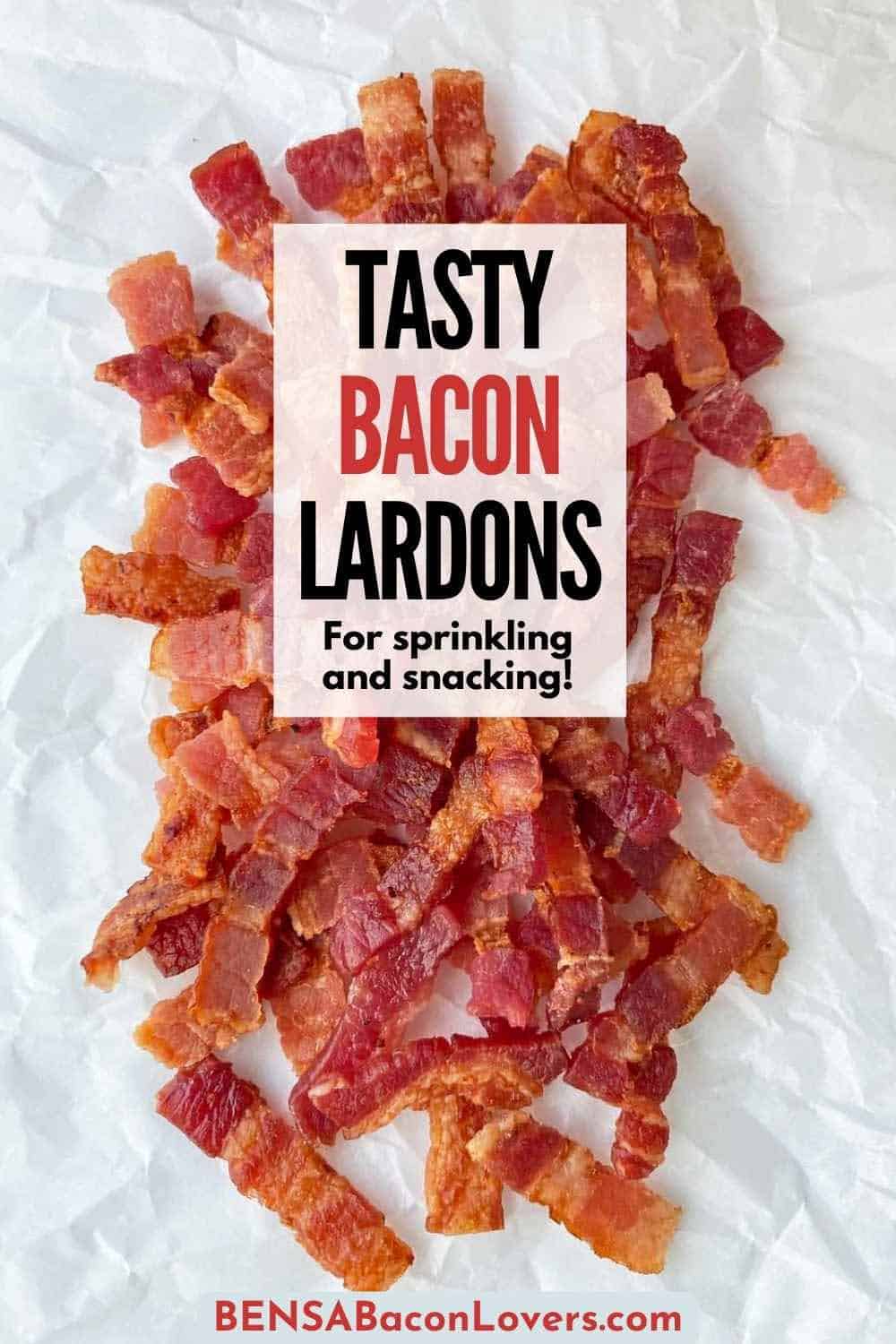 A pile of bacon lardons on white paper.