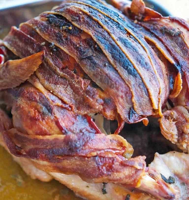 Close up of maple bacon wrapped roast turkey.