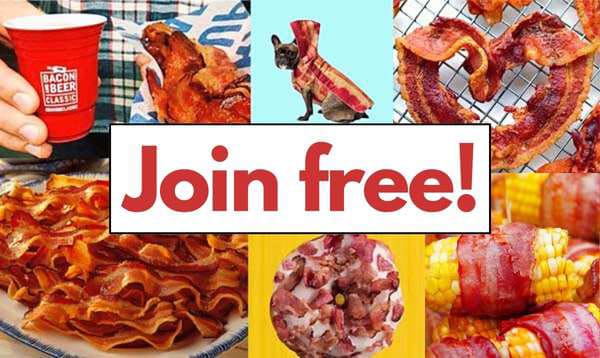 A bacon lovers collage with a bacon donut, dog Halloween costume, cooked bacon and Join Free! banner.