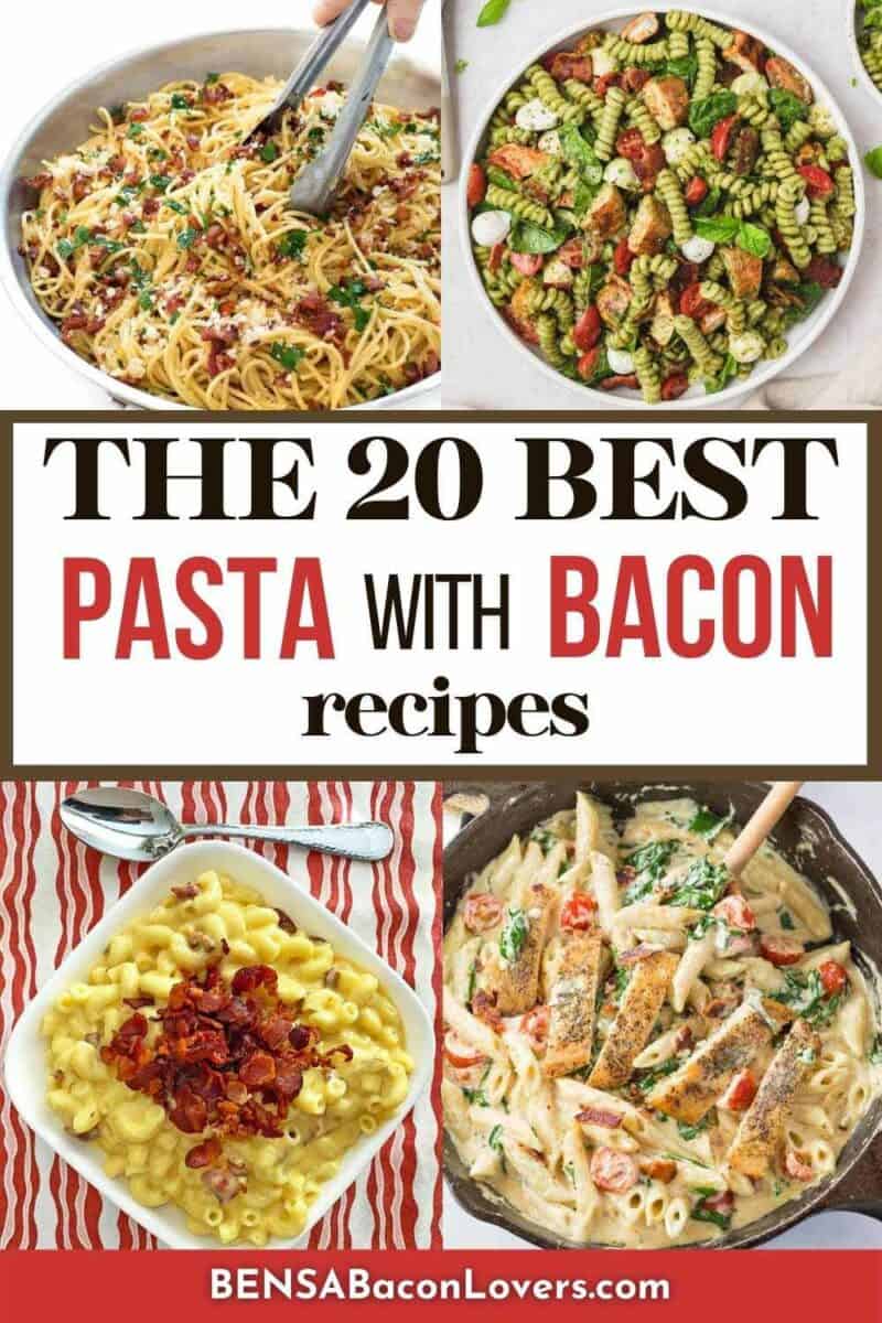 A collage with four pasta meals with bacon.