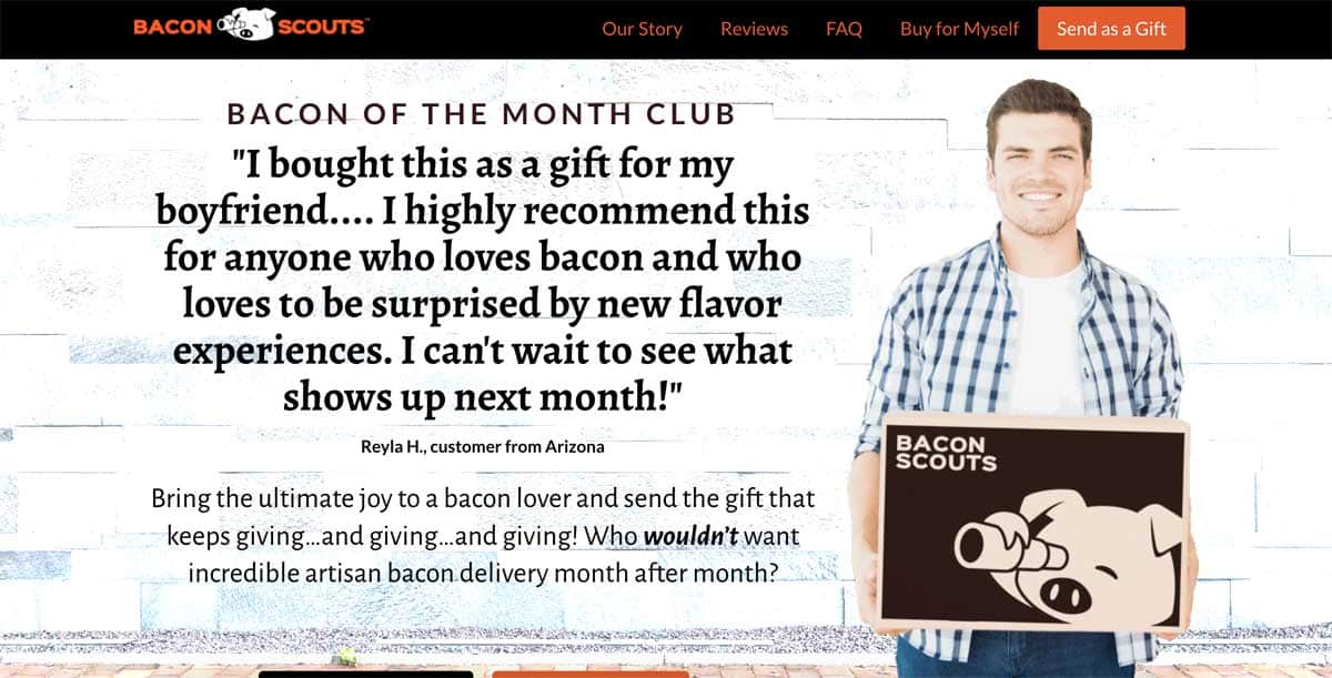 A customer review for Bacon Scouts Bacon of the Month Club and a man holding a bacon gift box.
