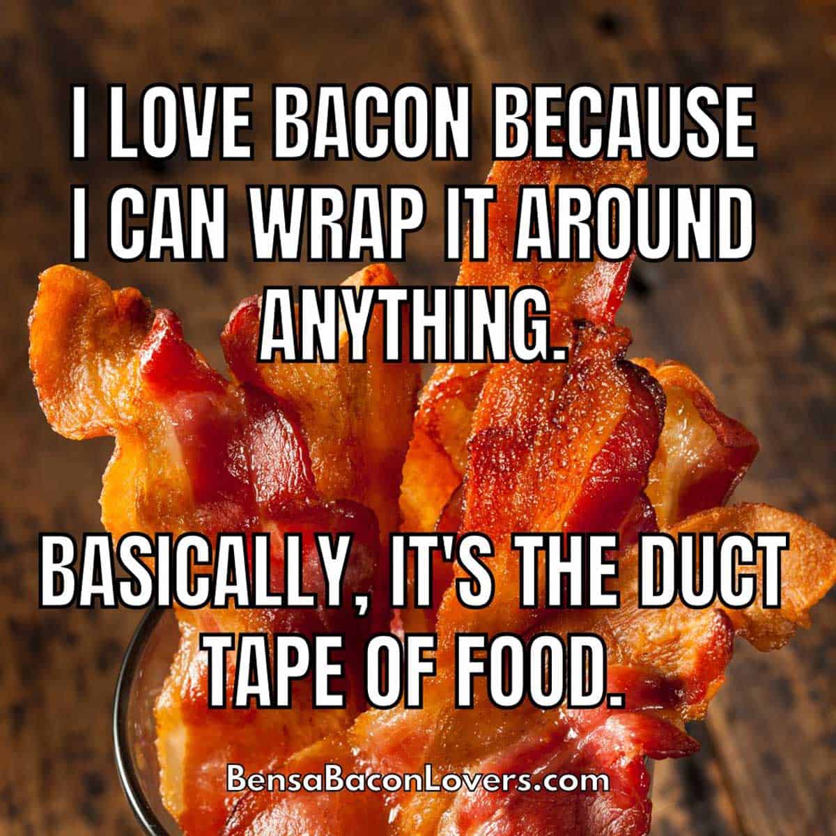 Meme with crispy cooked bacon and text: I love bacon because I can wrap it around anything. Basically, it's the duct tape of food.