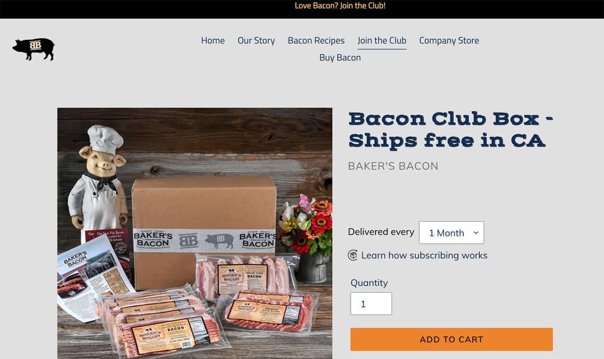 Baker's Bacon Club Box with 6 packages of bacon and a pig chef figurine.