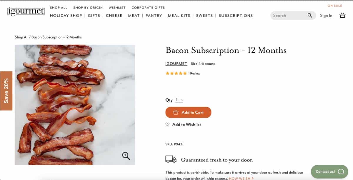 A dozen golden brown strips of cooked, crispy bacon and ordering info for igourmet's bacon subscription gift.