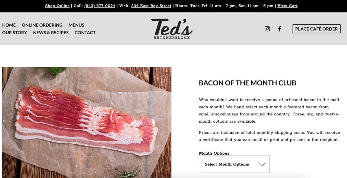 A pound of Ted's Butcherblock sliced bacon on a piece of butcher paper.