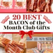 Two packages of artisan bacon, a pile of cooked bacon, a dozen strips of thick sliced bacon, and a bacon gift box.