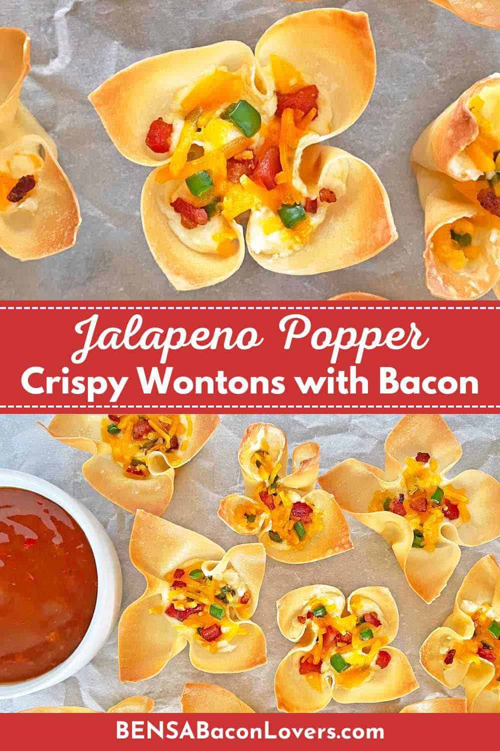 Close up of five jalapeno poppers wonton cups on top, and serving platter with a dozen popper appetizers and a bowl of sweet chili dipping sauce.
