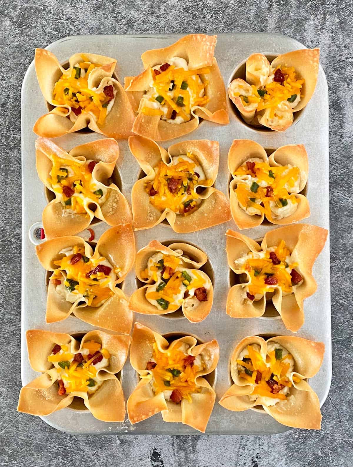 12 just-baked wonton cups filled with jalapeno popper filling and topped with bacon in a mini muffin tin.