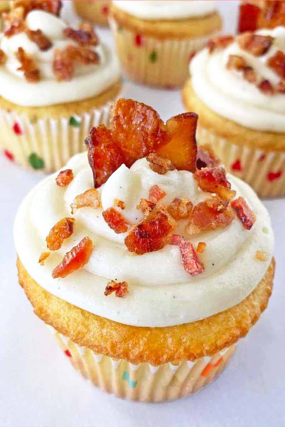 Finished maple bacon cupcakes ready to serve and eat.