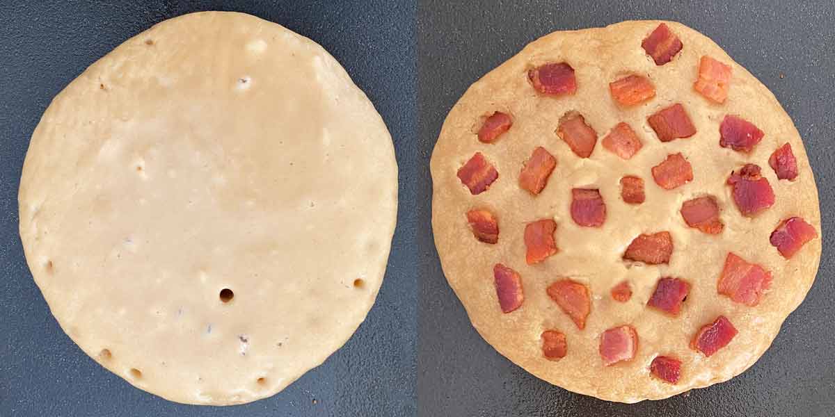A pancake on the left ready to be flipped, and on the right topped with bacon bits.