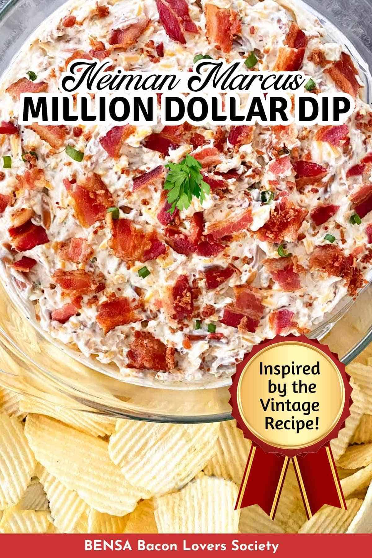 A bowl of Neiman Marcus Million Dollar Dip garnished with parsley and chopped green onions.