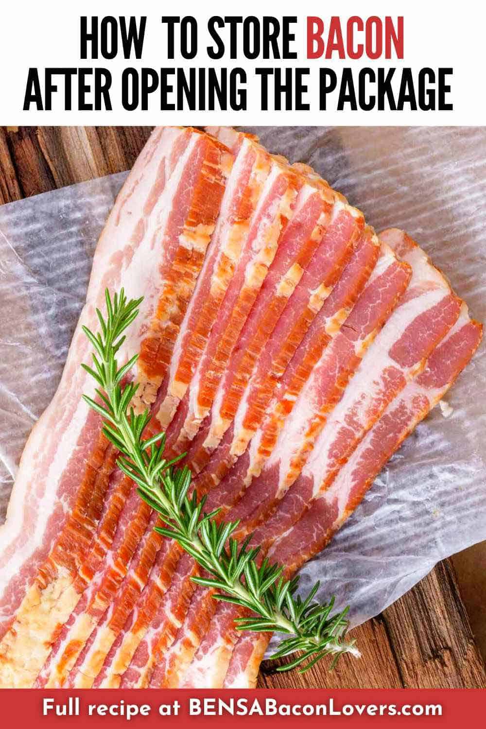 A pound of thick sliced bacon on a piece of plastic wrap.