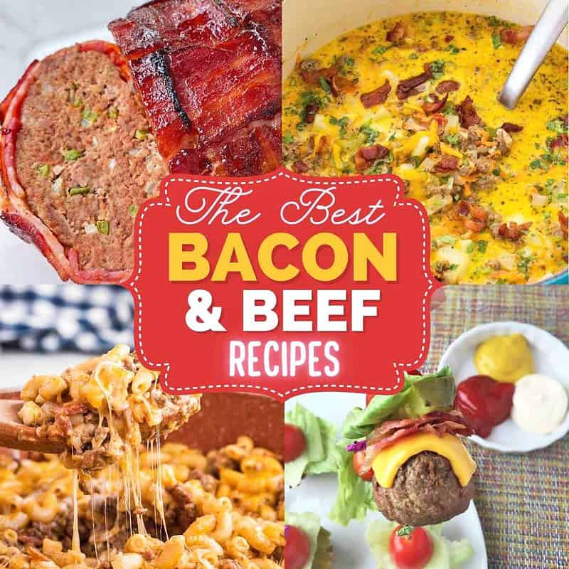 Collage of four bacon and beef dishes.