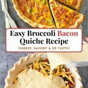A finished quiche with bacon and broccoli, ready to serve, and making the quiche with a pie shell and pouring the egg mixture on the ingredients.