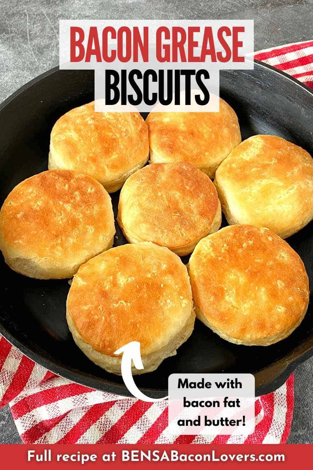A cast iron skillet filled with baked buttermilk biscuits made with bacon grease.