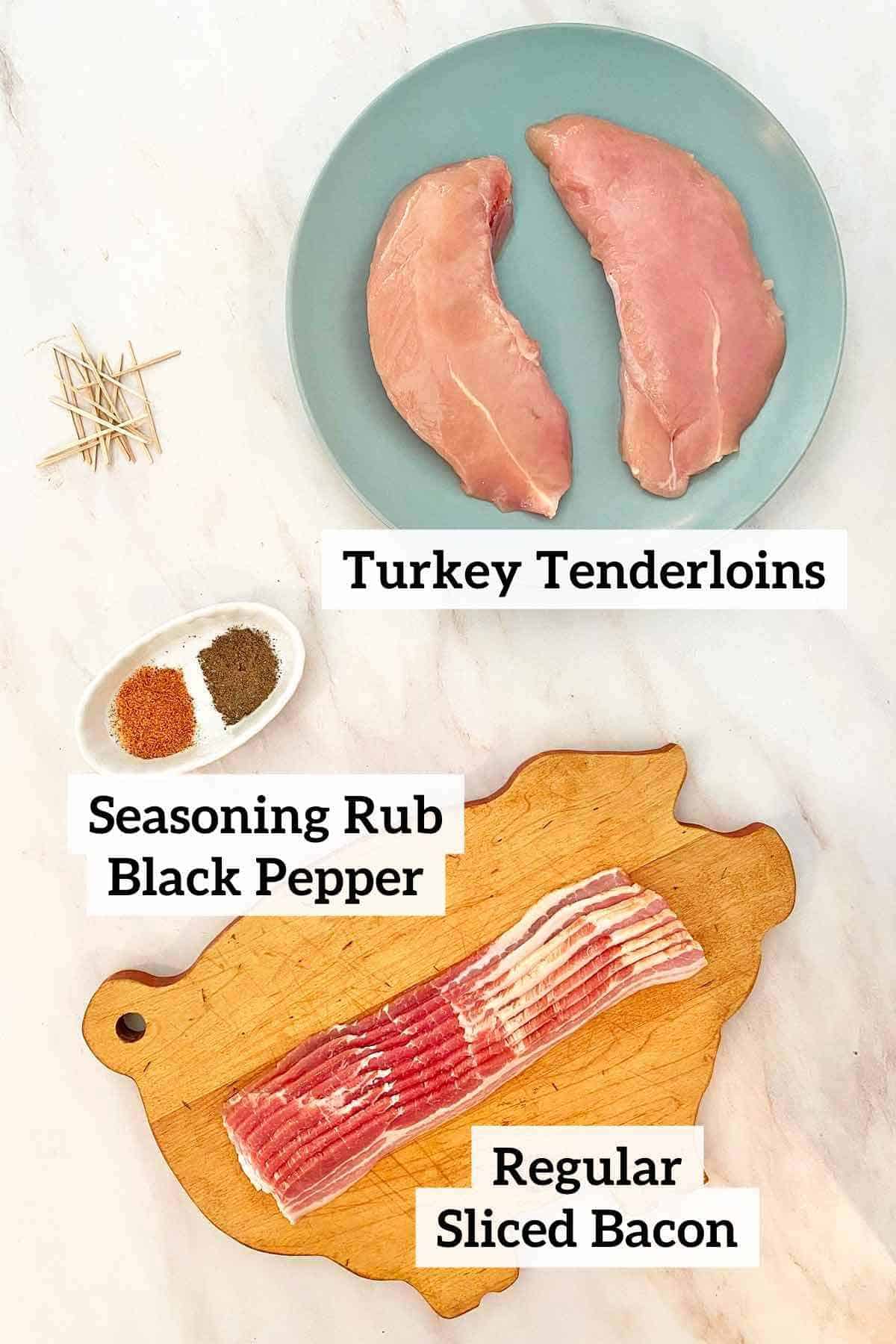 Turkey tenderloins, seasonings, bacon and a cutting board.