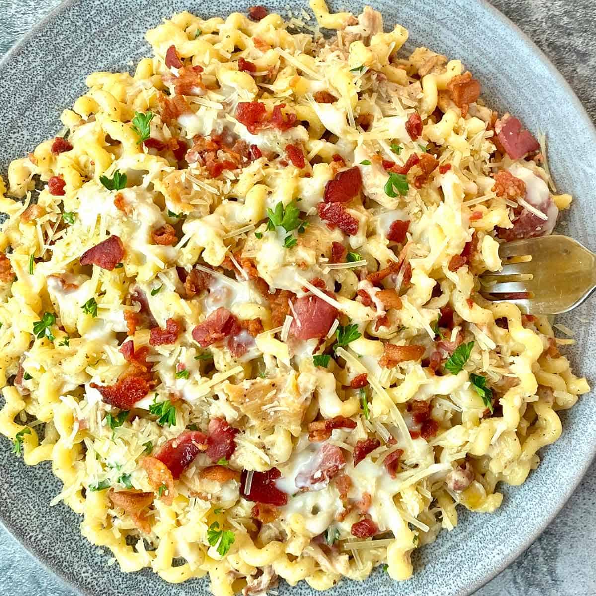 A dinner plate with chicken pasta with bacon, garlic and Parmesan cheese.