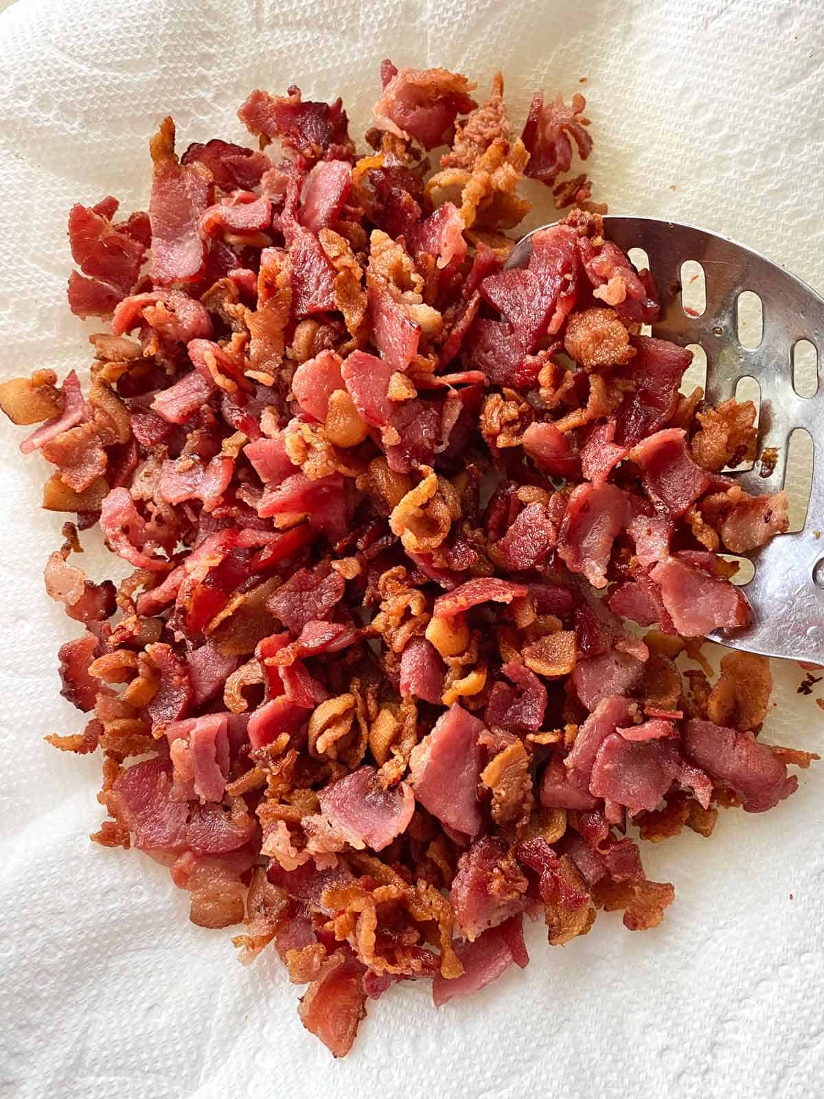 Chopped cooked bacon draining on paper towels.