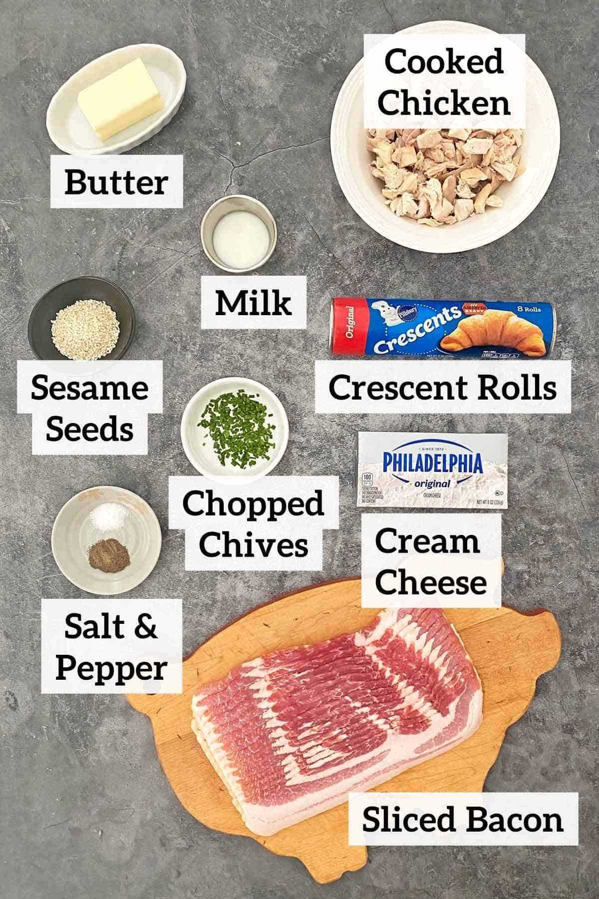 Chicken, bacon, cream cheese, and other ingredients for chicken pockets.