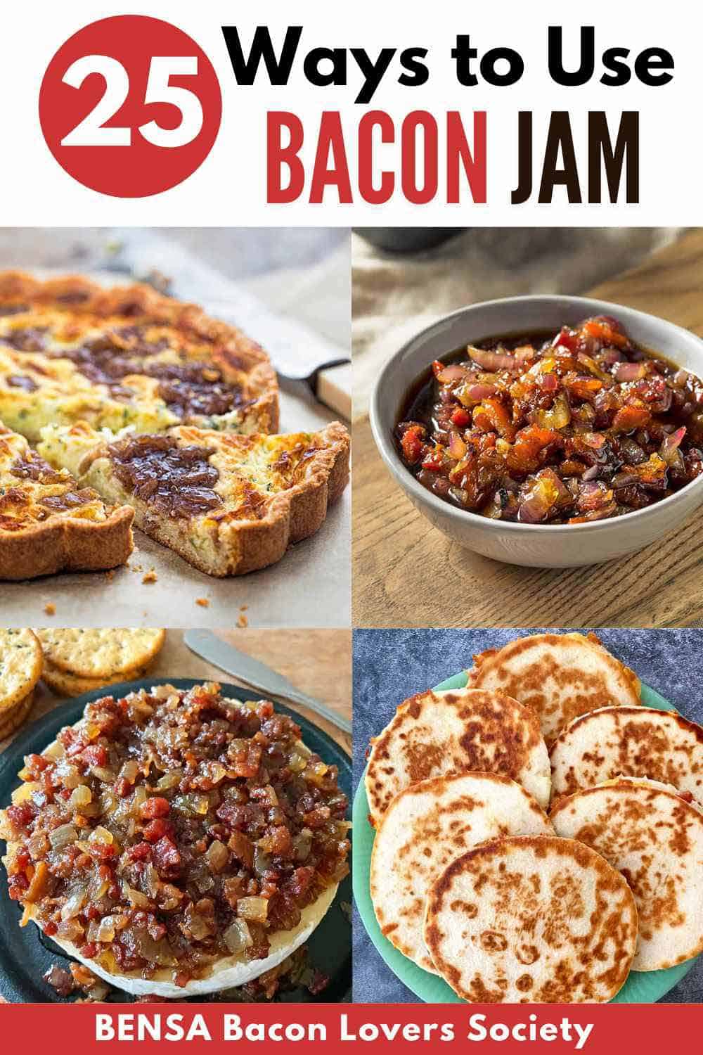 A quiche with bacon jam, a bowl of bacon jam, cheese board and quesadillas.