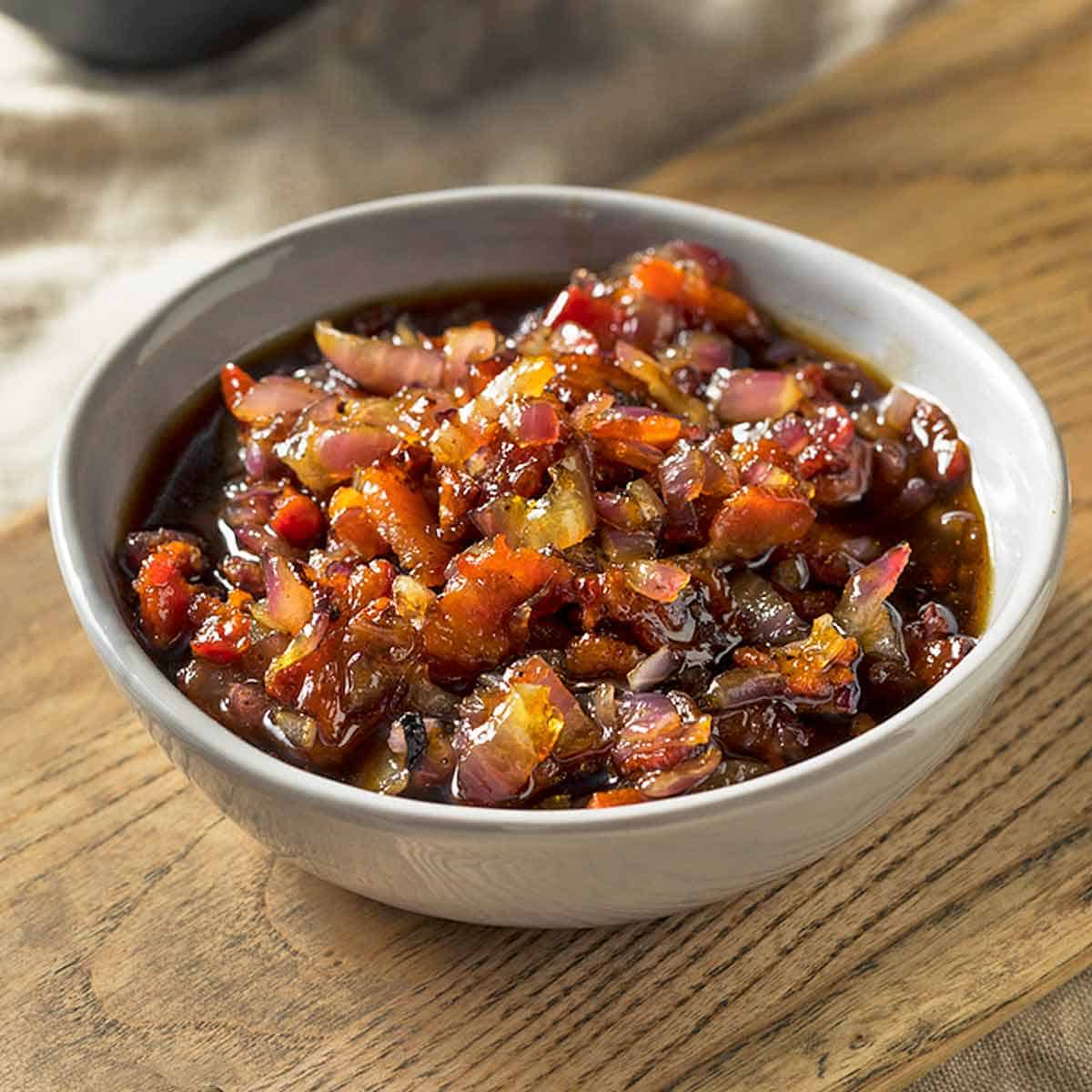 Bacon Jam in a small ceramic serving dish.