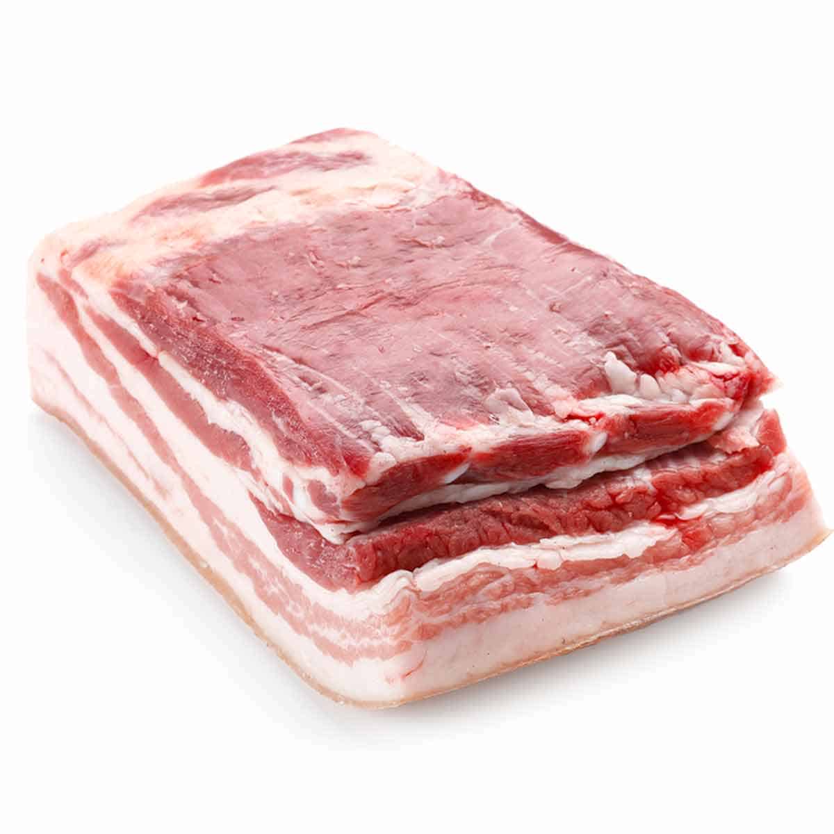 A large raw pork belly slab.