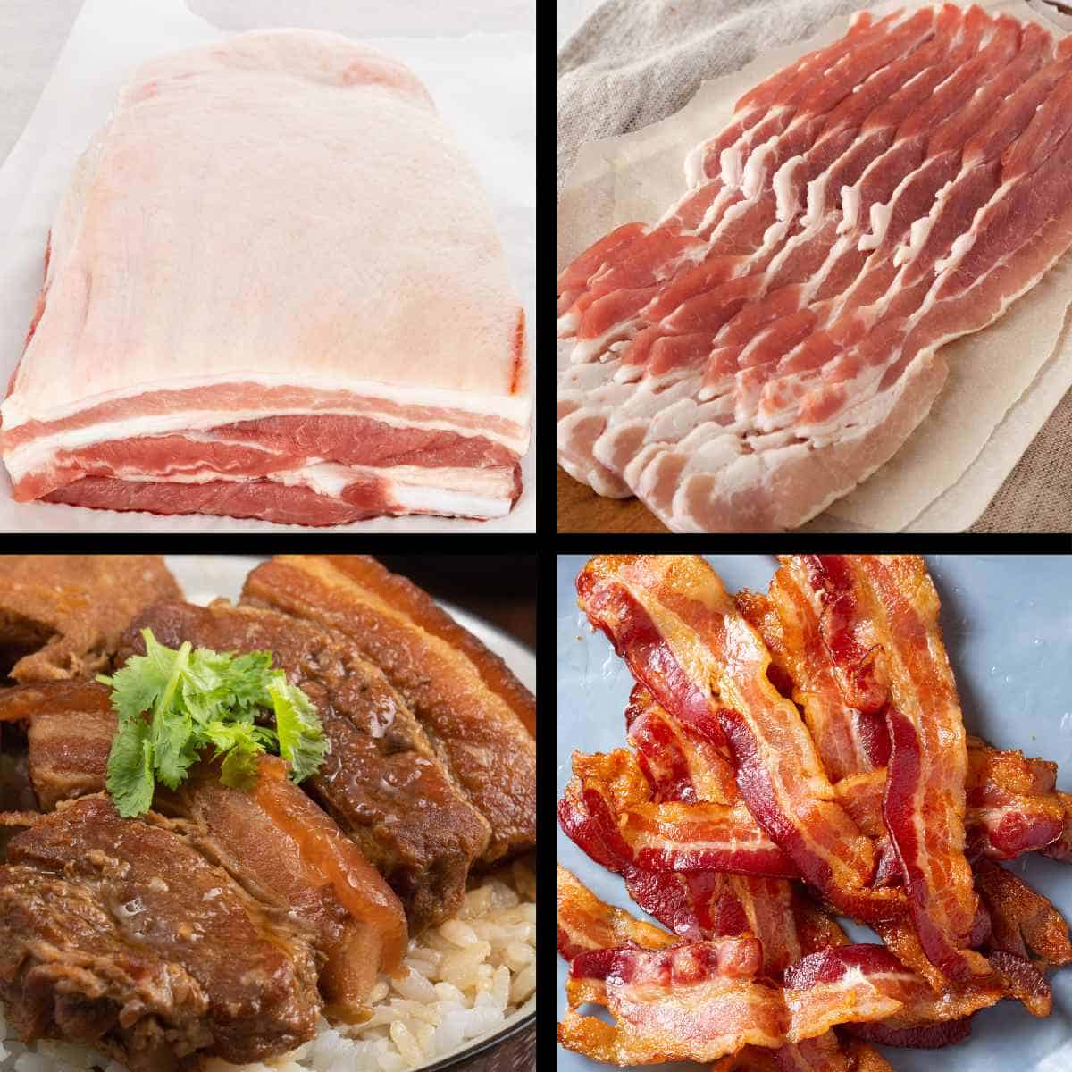 raw pork belly, raw bacon, cooked pork belly, and cooked bacon.